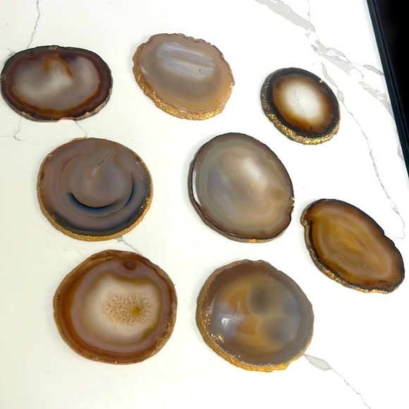 Set of 8 Natural Polished Agate Slice Drink Coasters w/ Gold Electroplating
